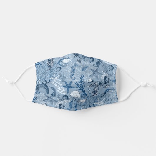 Classic Blue Ocean Underwater Sea Horses Adult Cloth Face Mask (Front, Unfolded)