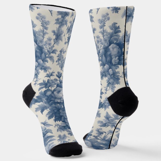 Classic Blue on White Toile Crew Socks (Angled)