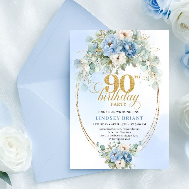 Classic Blue Peony Gold Accent 90th Birthday Card (Classic Blue Peony Gold Accent 90th Birthday Card

)