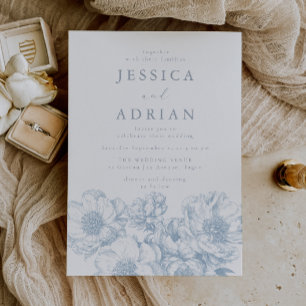 Classic Blue Peony Line Art Wedding Invitation