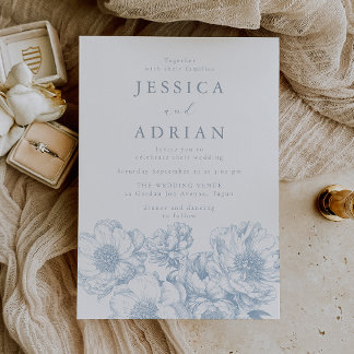 Classic Blue Peony Line Art Wedding Invitation