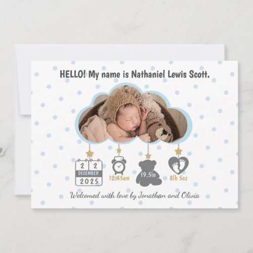 Classic Blue Photo Cloud Handsome Baby Boy Birth Announcement