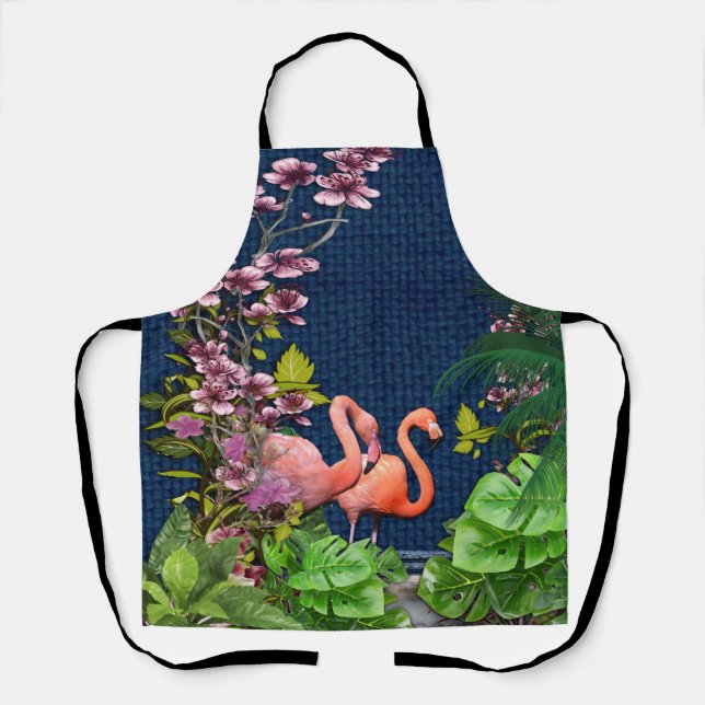 Classic Blue Pink Flamingos Green Leaves  Apron (Front)