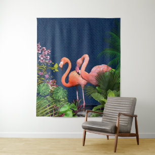 Classic Blue Pink Flamingos Green Leaves Tapestry