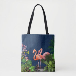 Classic Blue Pink Flamingos Green Leaves Tote Bag