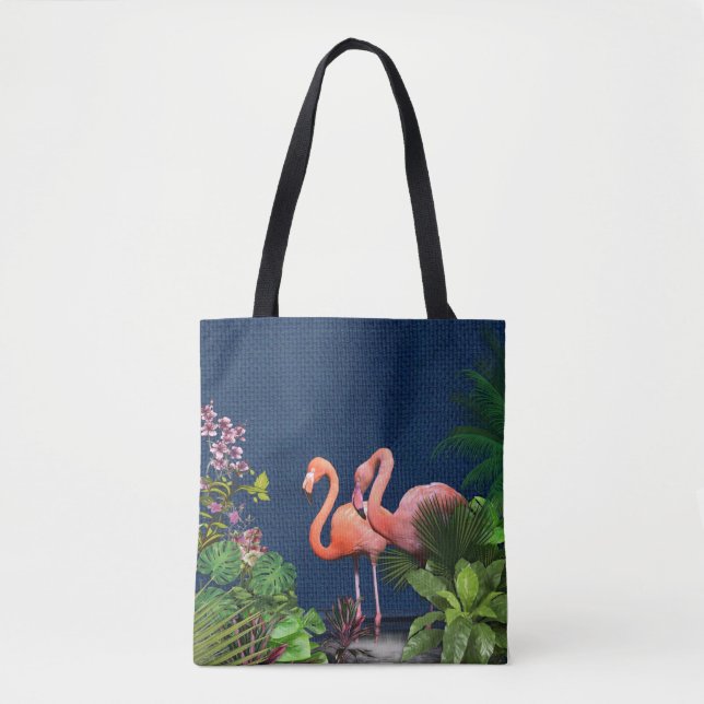 Classic Blue Pink Flamingos Green Leaves Tote Bag (Front)