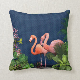 Classic Blue Pink Flamingos Green Throw Pillow