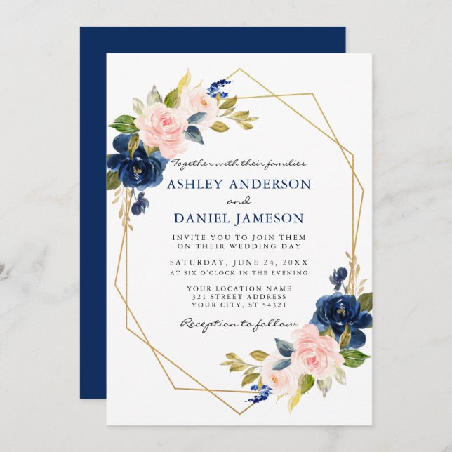 Classic Blue Pink Floral Geometric Gold Wedding Invitation (Front/Back)