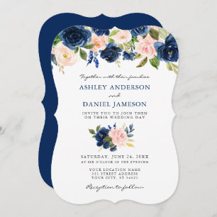 Classic Blue Pink Watercolor Floral Wedding Invitation