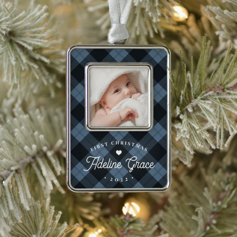 Classic Blue Plaid Baby&#39;s First Christmas Photo Christmas Ornament