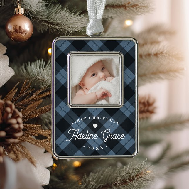 Classic Blue Plaid Baby's First Christmas Photo Christmas Ornament (Creator Uploaded)