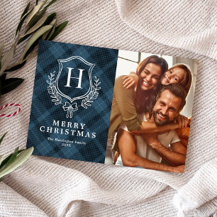Classic Blue Plaid Monogram Photo Christmas Holiday Card