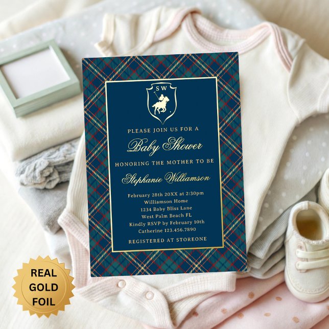 Classic Blue Plaid Polo Equestrian Baby Shower Foil Invitation (Creator Uploaded)