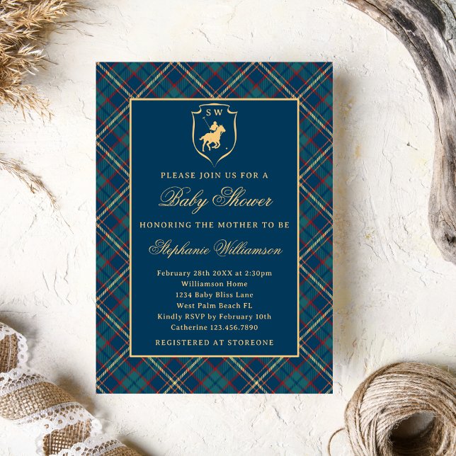 Classic Blue Plaid Polo Equestrian Baby Shower Invitation (Creator Uploaded)