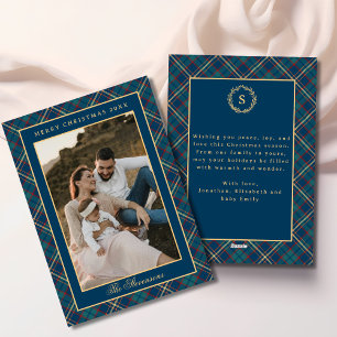 Classic Blue Plaid Vintage Wreath Photo Christmas Holiday Card