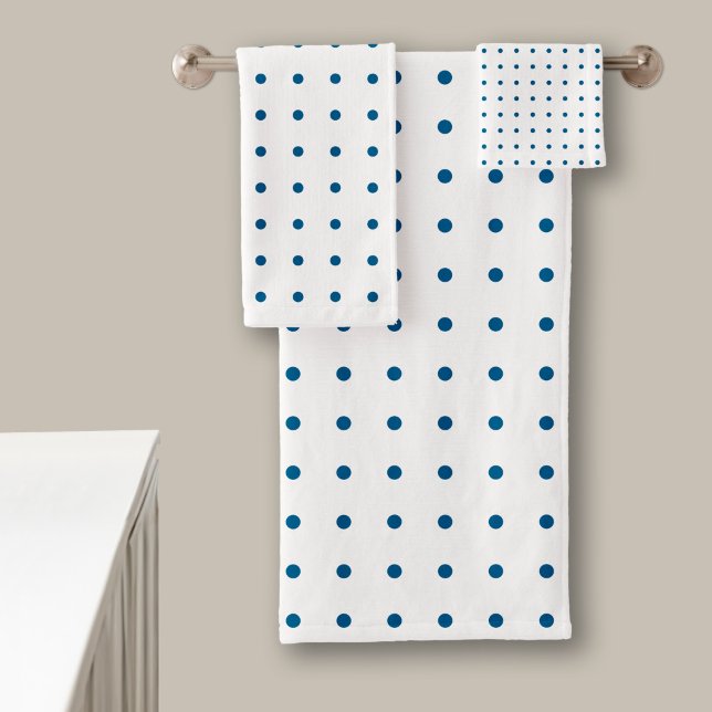 Classic Blue Polka Dot Pattern on White Bath Towel Set (Blue Polka Dot Pattern on White Bath Towel Set in situ)
