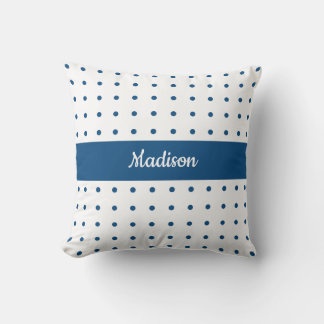 Classic Blue Polka Dot Pattern on White with Name Throw Pillow