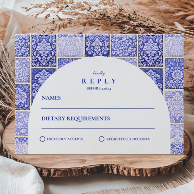 Classic Blue Porcelain Patchwork Wedding RSVP Card (Creator Uploaded)