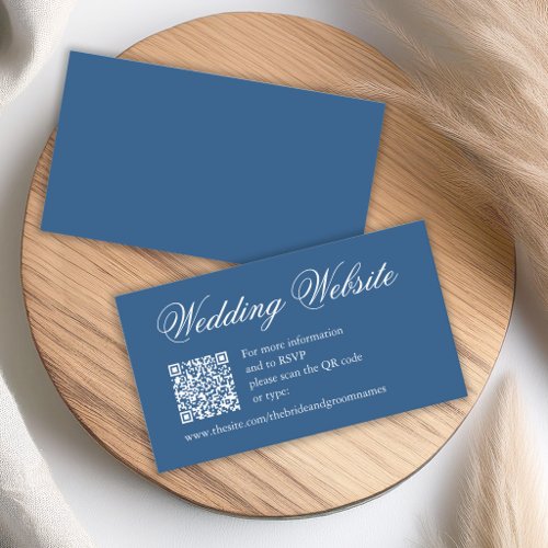 Classic Blue QR Code White Script Wedding Website Enclosure Card