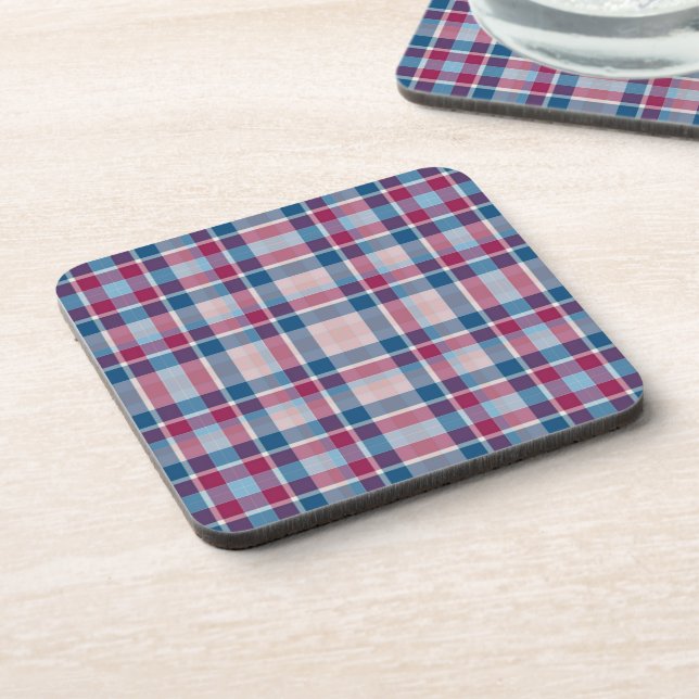 Classic Blue Red Plaid Pattern Beverage Coaster (Left Side)