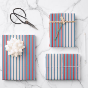 Classic Blue Red Ticking Stripes Wrapping Paper