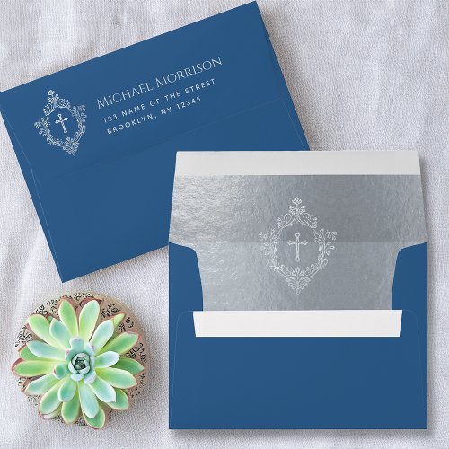 Classic Blue Religious Cross in Crest Faux Silver  Envelope