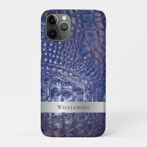 Classic Blue Reptile Digital Leather Silver Metal iPhone 11 Pro Case