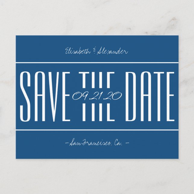 Classic blue retro typography wedding save date announcement postcard (Front)