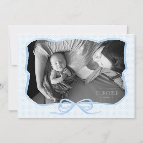 Classic Blue Ribbon Bow Baby Boy Birth Photocard Announcement