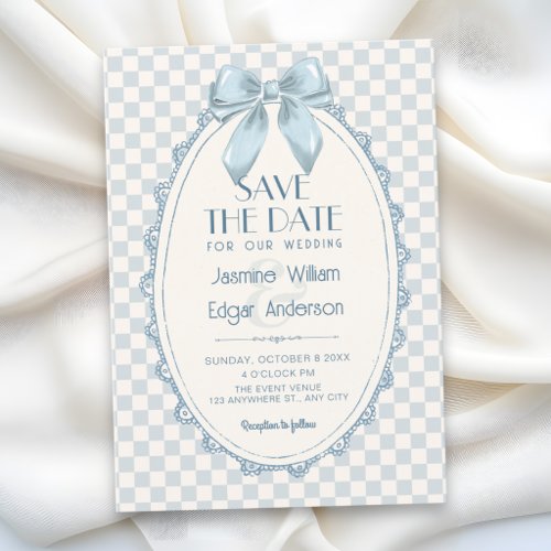 Classic blue ribbon wedding save the date