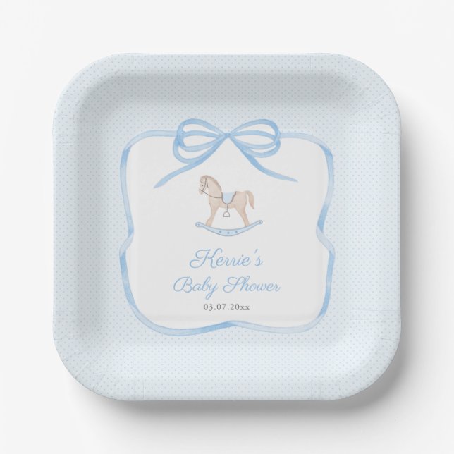 Classic Blue Rocking Horse Boy Baby Shower Party Paper Plates (Front)