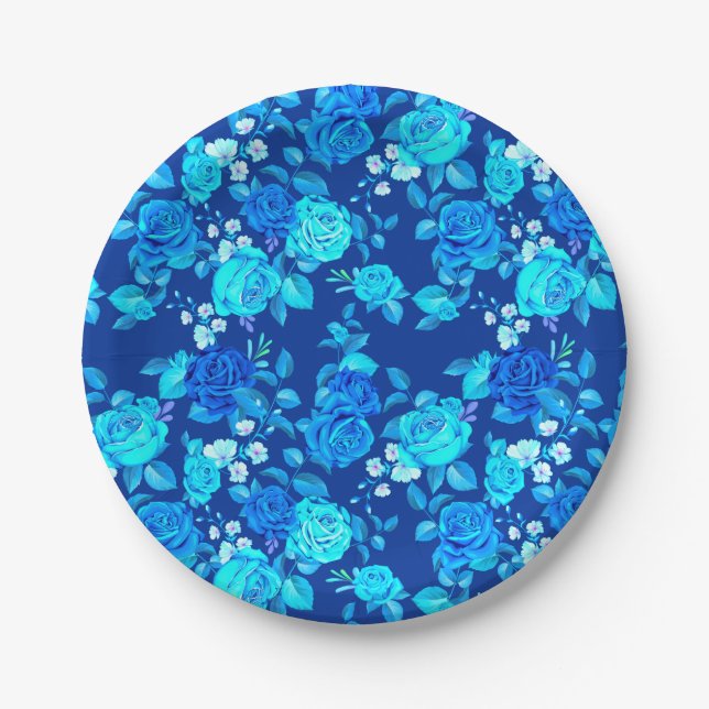 Classic Blue Rose Flowers Pattern-87600 Paper Plates (Front)