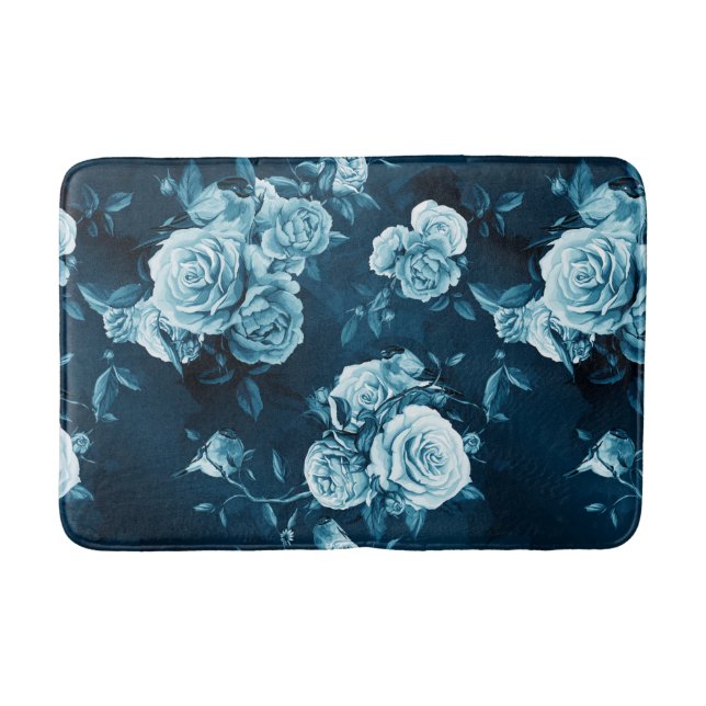 Classic Blue Rose Pattern Bath Mat (Front)