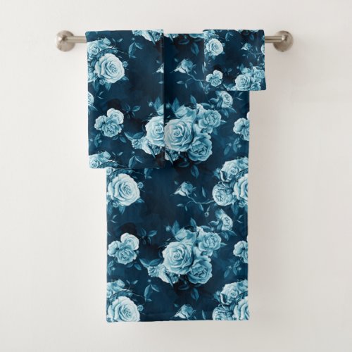 Classic Blue Rose Pattern Bath Towel Set