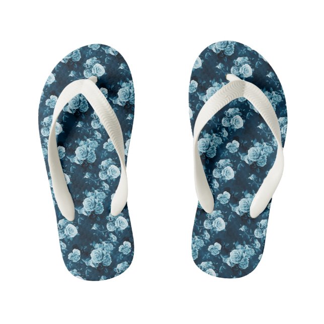 Classic Blue Rose Pattern Kid's Flip Flops (Footbed)