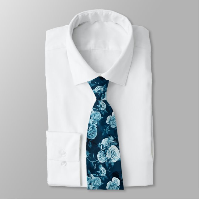 Classic Blue Rose Pattern Neck Tie (Tied)