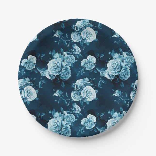 Classic Blue Rose Pattern Paper Plates (Front)