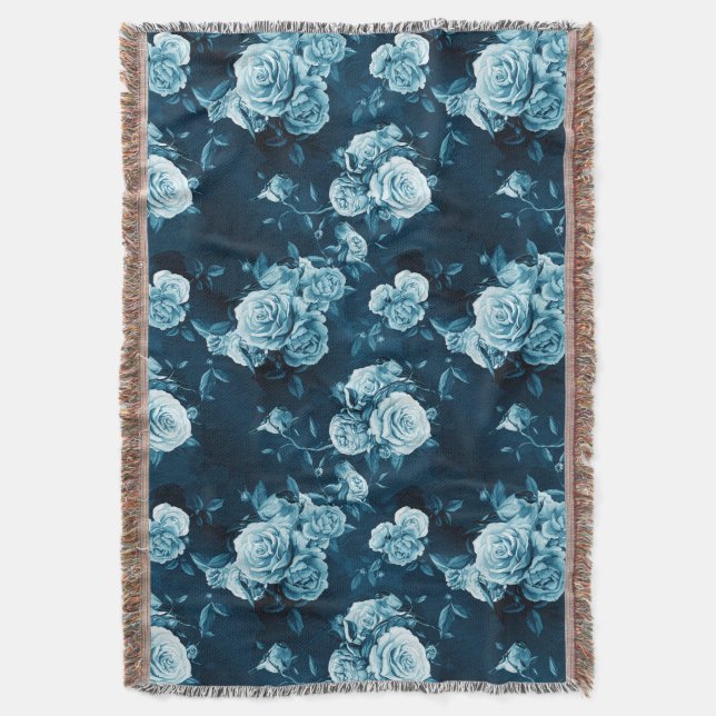 Classic Blue Rose Pattern Throw Blanket (Front Vertical)