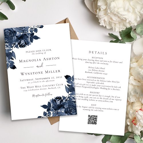 Classic Blue Roses All in One Wedding Invitation