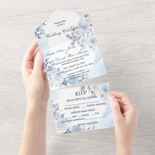  Classic Blue Roses Flowers Watercolor All In One Invitation