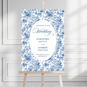 Classic Blue Roses Pattern Toile Wedding Welcome   Foam Board