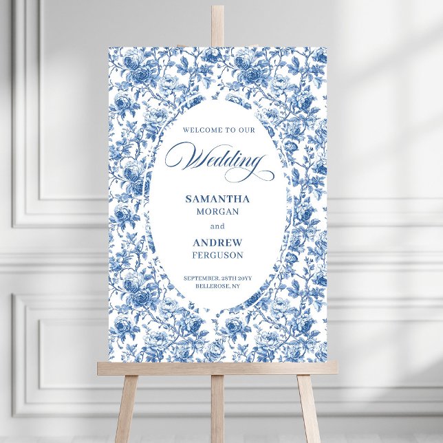 Classic Blue Roses Pattern Toile Wedding Welcome   Foam Board (Classic Blue Roses Pattern Toile Wedding Welcome Poster)