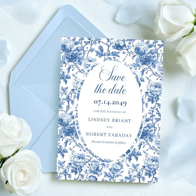 Classic Blue Roses Toile Save the Date Wedding   Invitation (Classic Blue Roses Toile Save the Date Wedding Card)