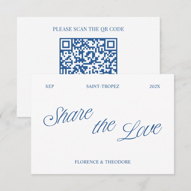 Classic Blue Share the Love QR Code Wedding Photo  Enclosure Card (Front/Back)