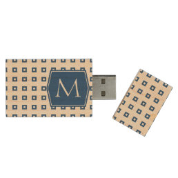 Classic Blue Square Pattern Monogram Customizable Wood USB Flash Drive