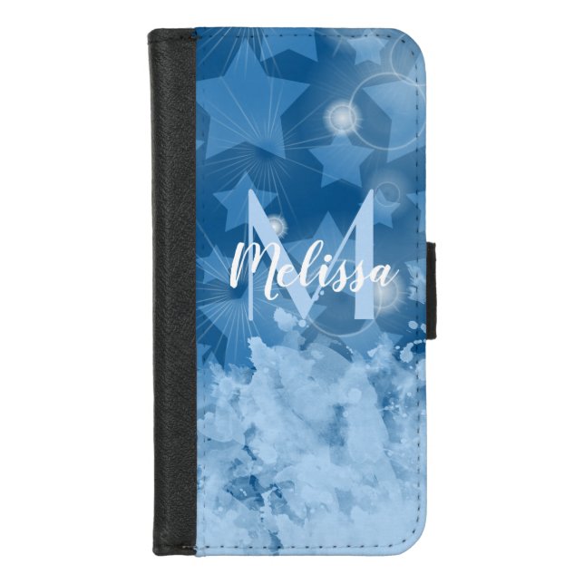 Classic Blue Stars pattern Modern Monogram Name iPhone Wallet Case (Front)