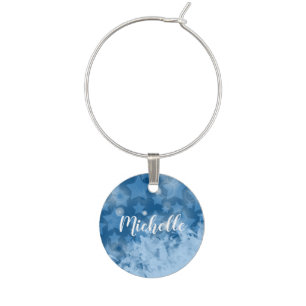 Classic Blue Stars pattern Modern Monogram Name Wine Charm