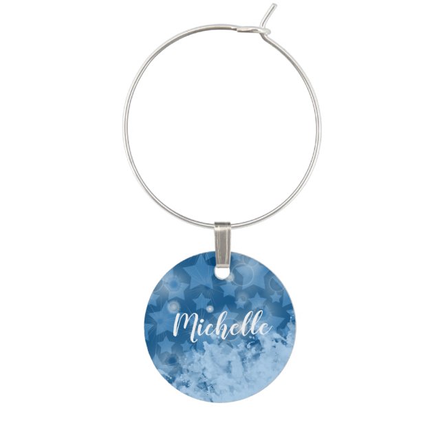 Classic Blue Stars pattern Modern Monogram Name Wine Charm (Front)