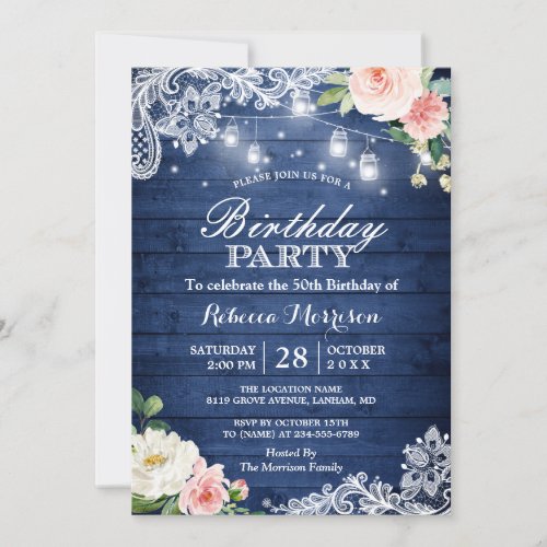 Classic Blue String Lights Floral Birthday Party Invitation - Rustic & Classic Blue Mason Jar Lights Lace Floral Birthday Party Invitation. 
(1) For further customization, please click the "customize further" link and use our design tool to modify this template. 
(2) If you prefer thicker papers / Matte Finish, you may consider to choose the Matte Paper Type. 
(3) If you need help or matching items, please contact me.
