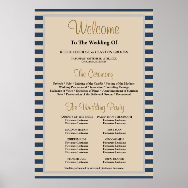 Classic Blue Stripes Framed Wedding Program Poster (Front)